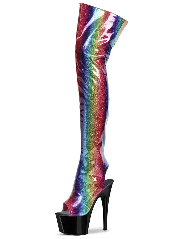 Sexy Fetish Rainbow Boots Open Toe Strips Nightclub Pole Dance Exotic Thin Heels 5Inch Platform Women 8Inch Over The Knee Boots