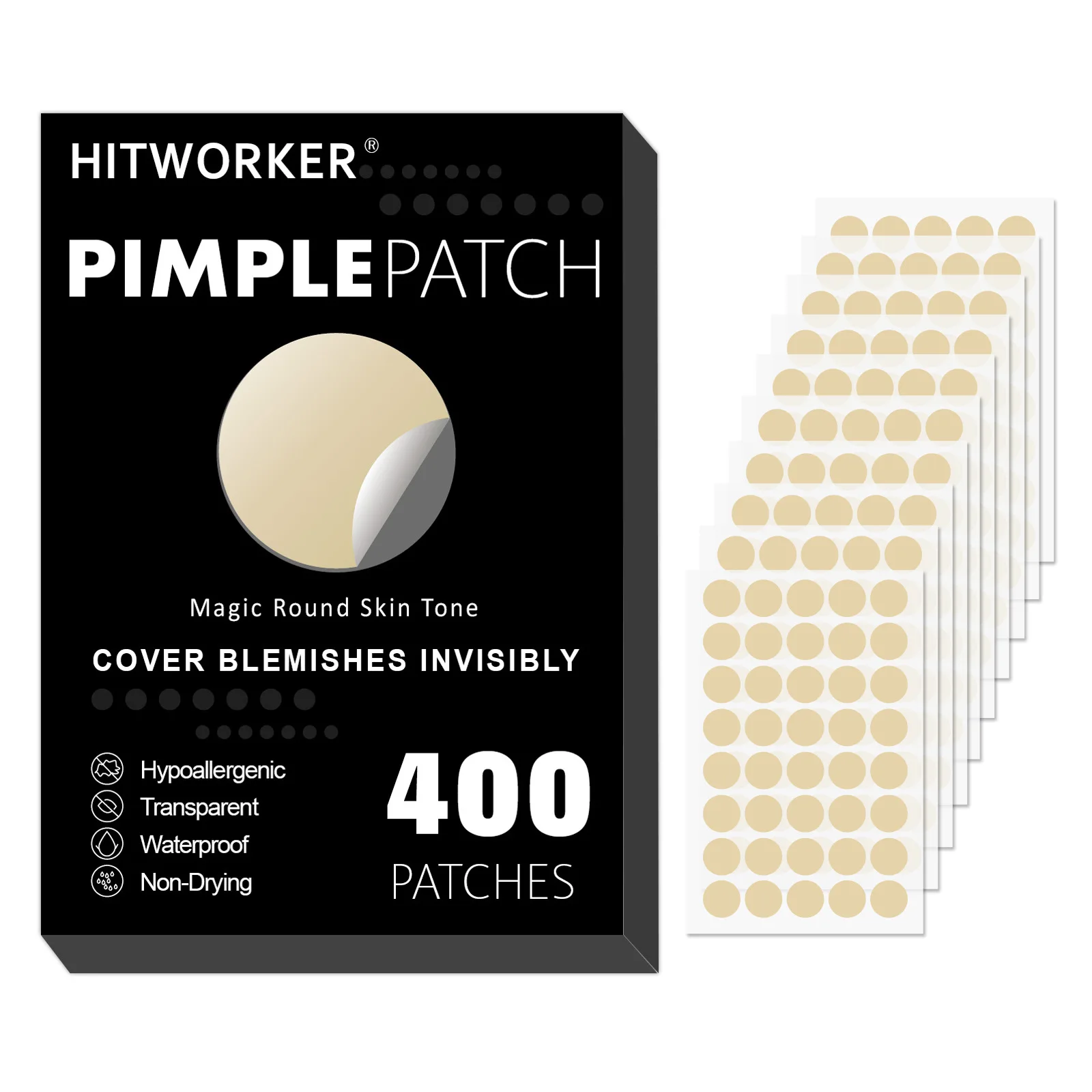 HITWORKER | 400 pieces/box of acne patches - water-based gel round acne patches | effectively absorb acne secretion