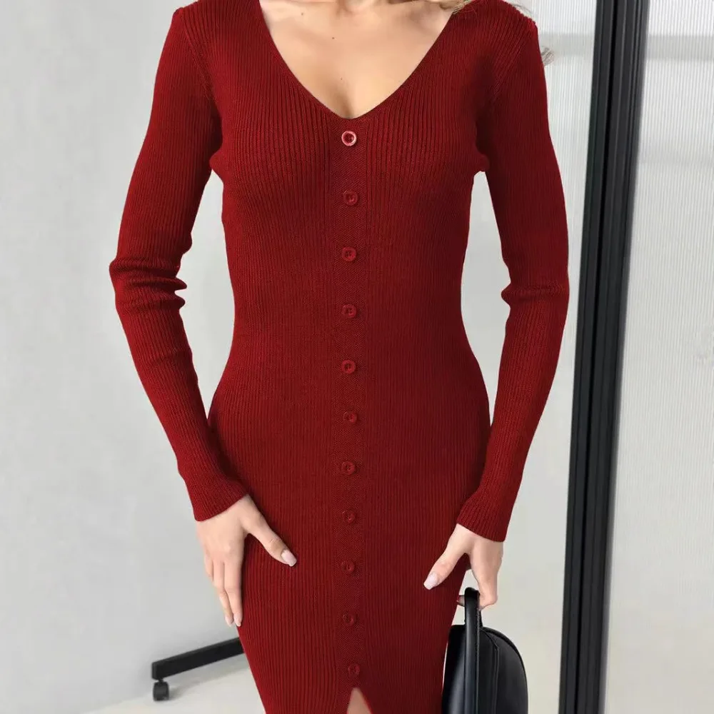 2025 Autumn Winter Ribbed Knitted Sweaters Dress Women V Neck Long Sleeve Single-breasted Front Split Slim Bodycon Midi Dresses