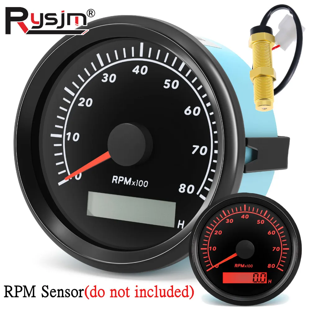 Universal Car Boat Tachometers 85mm Waterproof 3000RPM~8000RPM Counter LCD Hourmeter with Red LED Backlight M16 M18 Sensor 9-32V