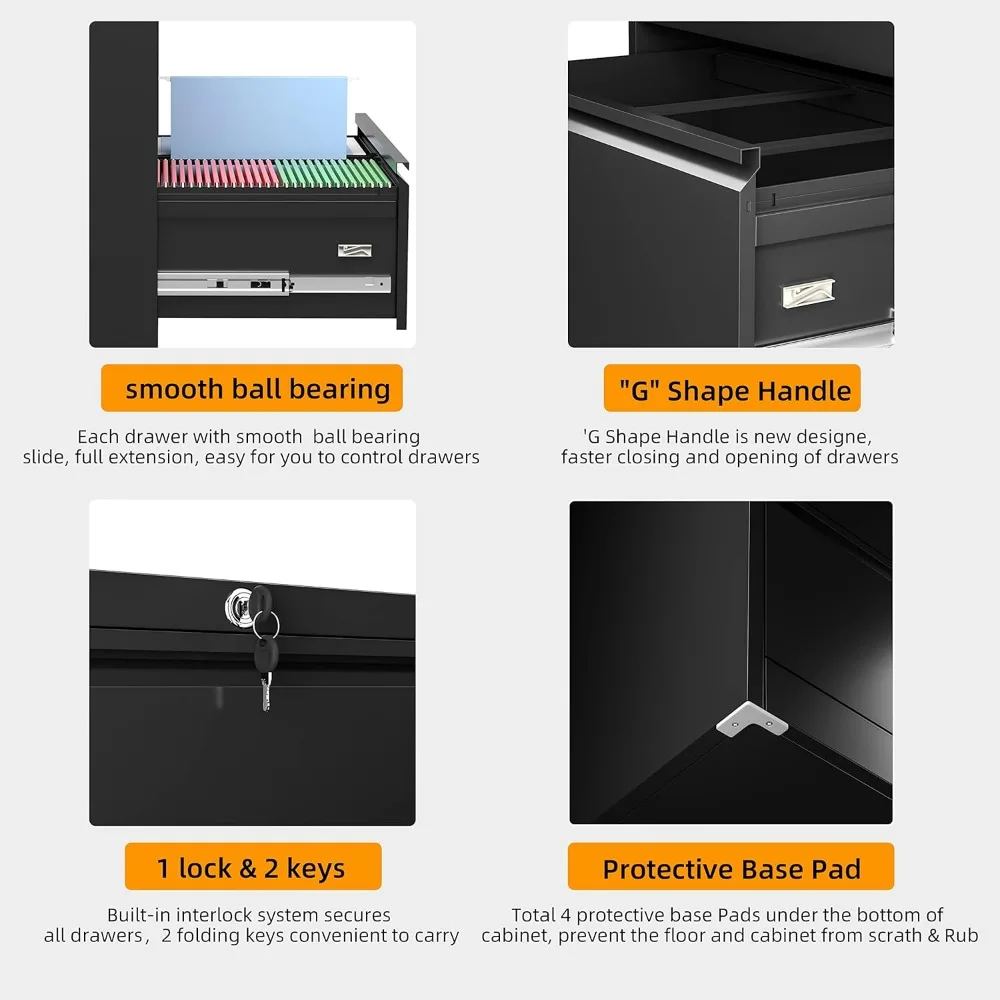 Lateral File Cabinet 2 Drawer Black, Metal 2 Drawer Filing Cabinet with Lock for Home Office, Locking File Cabinet