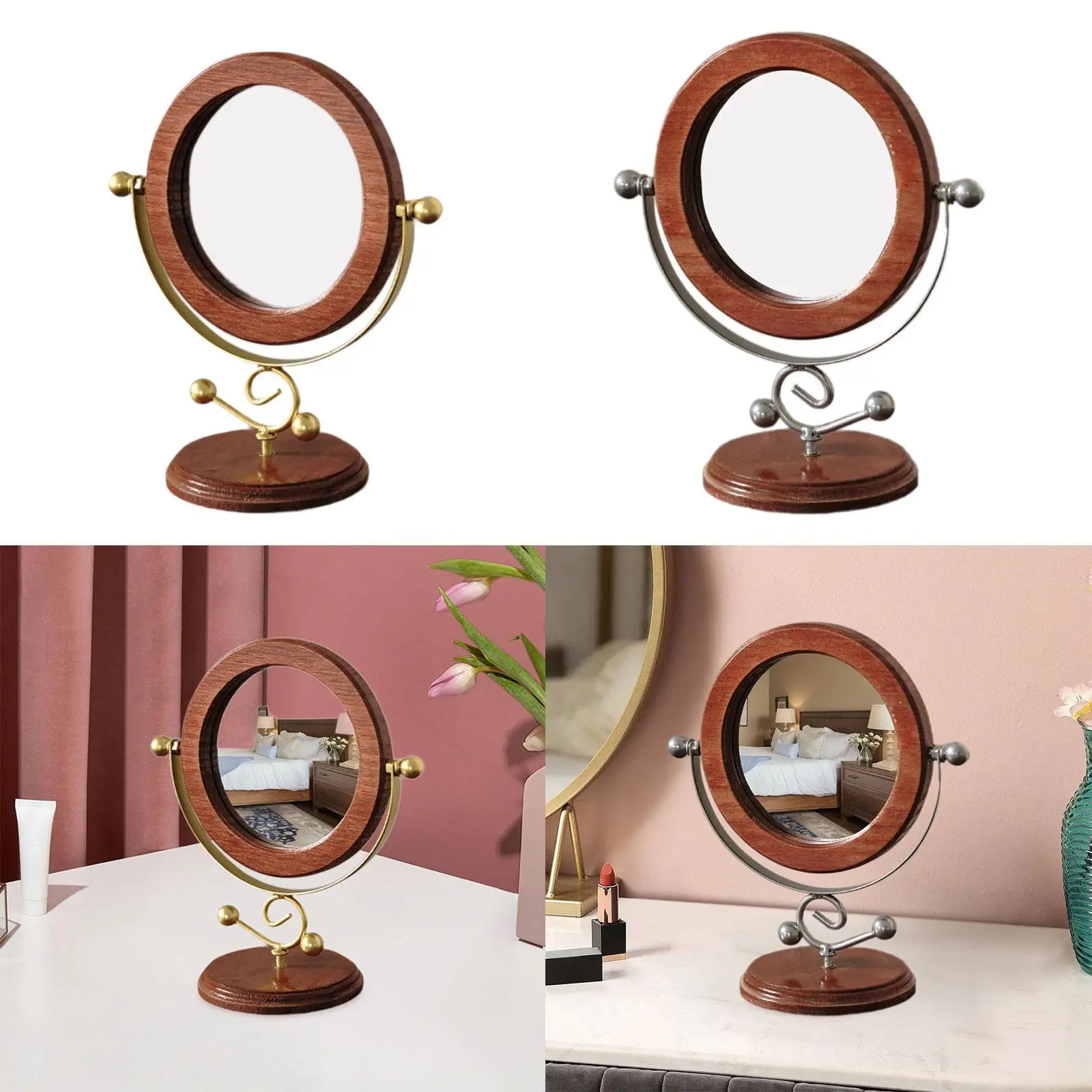 

Wood Makeup Mirror Stand Mirrors Rotating Dressing Mirror Desktop Ornament for Living Room Dressing Room Bathroom Dormitory