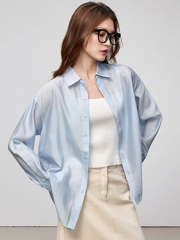 

Lightweight Silk Women's Shirt Loose Fit Shoulder Bared Soft Feel Summer Shirt Pastel Blue Open Cardigan Style Commute Fashion
