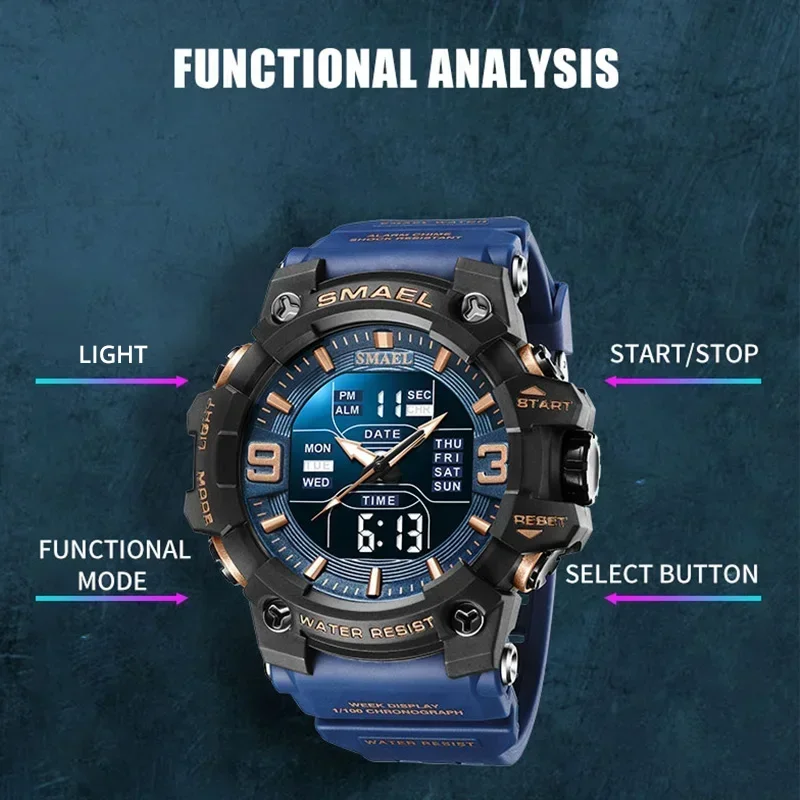 SMAEL Quartz Watches Sports Time Men Watch Sport Waterproof LED Light Alarm Clock Dual Time Display Week Auto Wristwatches 8049