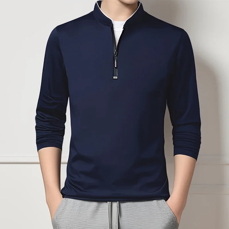 2025 Men's Casual Fashion Solid Color Long Sleeved Polo Shirt Stand Up Collar Versatile Comfortable Top