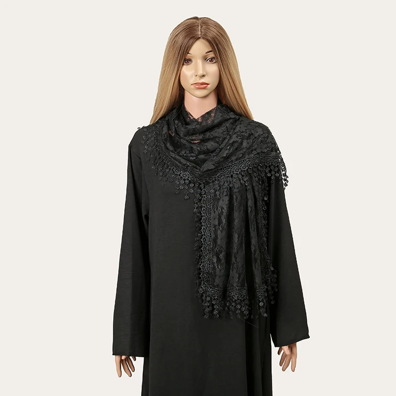 

Solid Embroidered Lace Printed Scarf Muslim Hijiabs Fringed 5cm New Style Prayer Shawl 2024 188*55cm