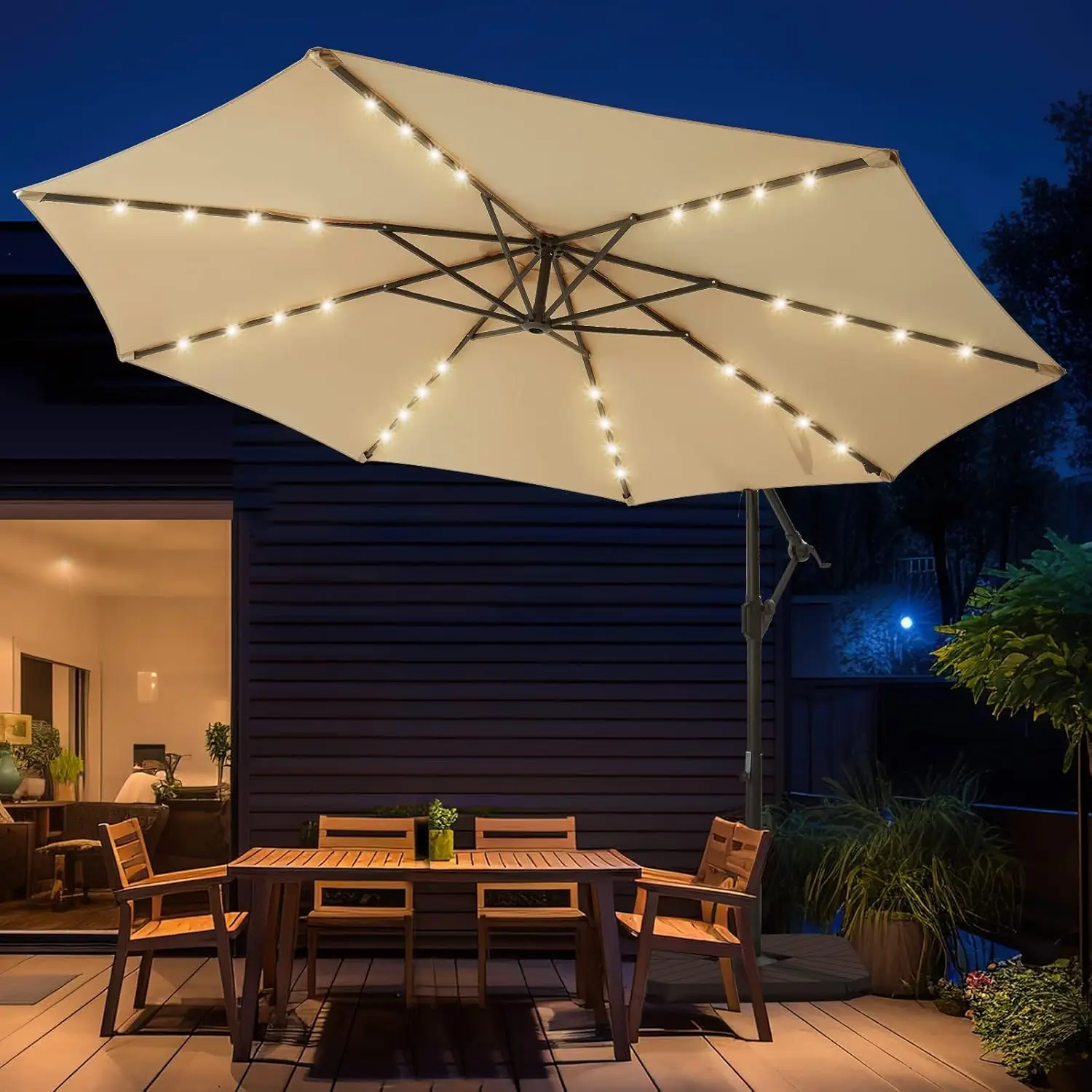 

10ft Solar LED Offset Hanging Market Patio Umbrella for Backyard, Poolside, Lawn and Garden,Easy Tilt Adjustment, Polyester