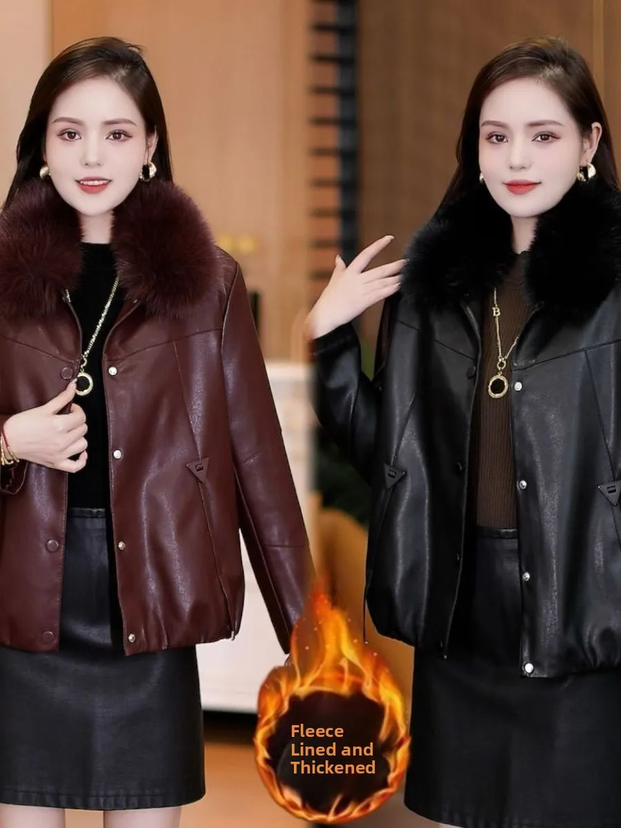 Casaco Feminino de Couro PU Sintético Curto com Gola de Pele Destacável e Forro de Lã Térmico