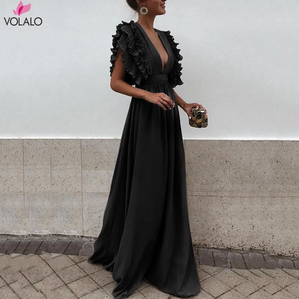 

Elegant Summer V Neck Long Dresses Ruffles High Waist Women Dresses Evening Party Female Sexy Maxi Dress Vestidos Festa 2024