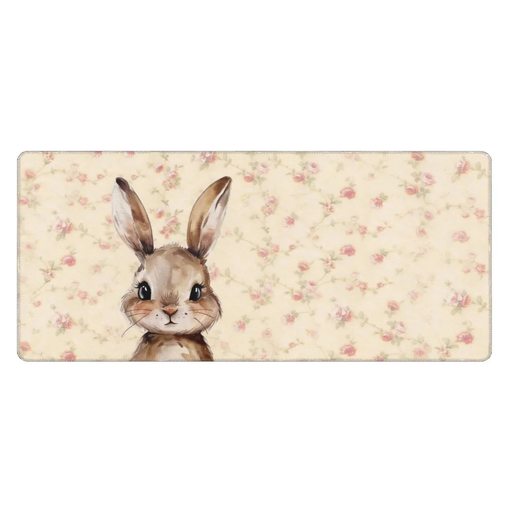 

Vintage Floral Bunny Desk Mat - Watercolor Cute Rabbit with Pink Roses Large Mouse Pad Non-Slip Waterproof