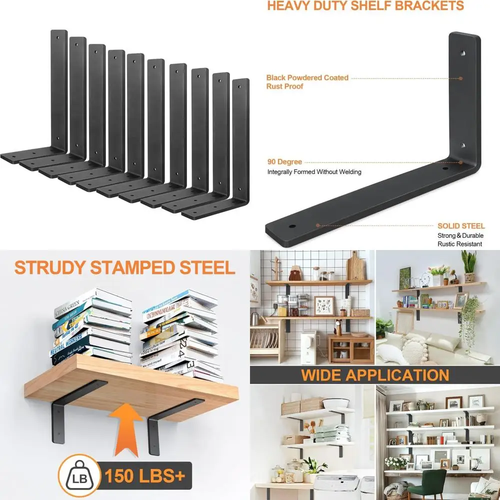 

Heavy Duty 12 Inch Floating Wall Shelf Brackets, Pack of 10, Black for DIY Decorative Home Decor with Mounting Hardware