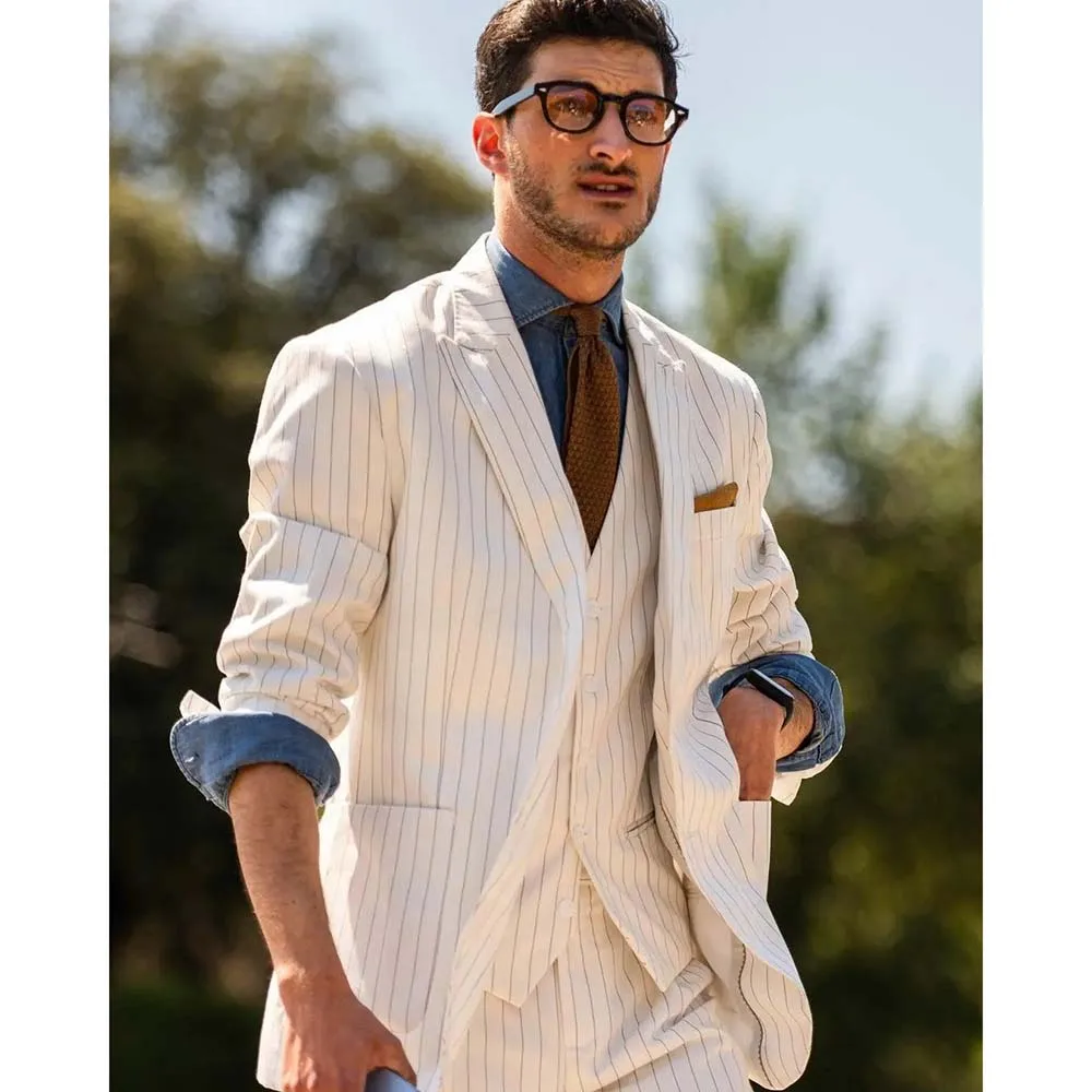 Handsome Men Suits White Stripe Single Breasted Peak Lapel Blazer Luxury Wedding Gentlemen 3 Piece Jacket Pants Vest Outfits Set