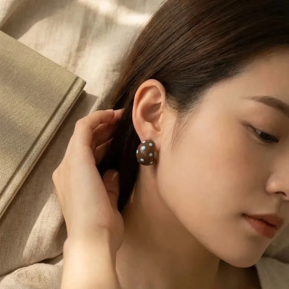 Vintage Coffee/Beige Color Semicircle Stud Earrings Jewelry Gifts Polka Dot Women Earrings Korean Fashion Earrings Women