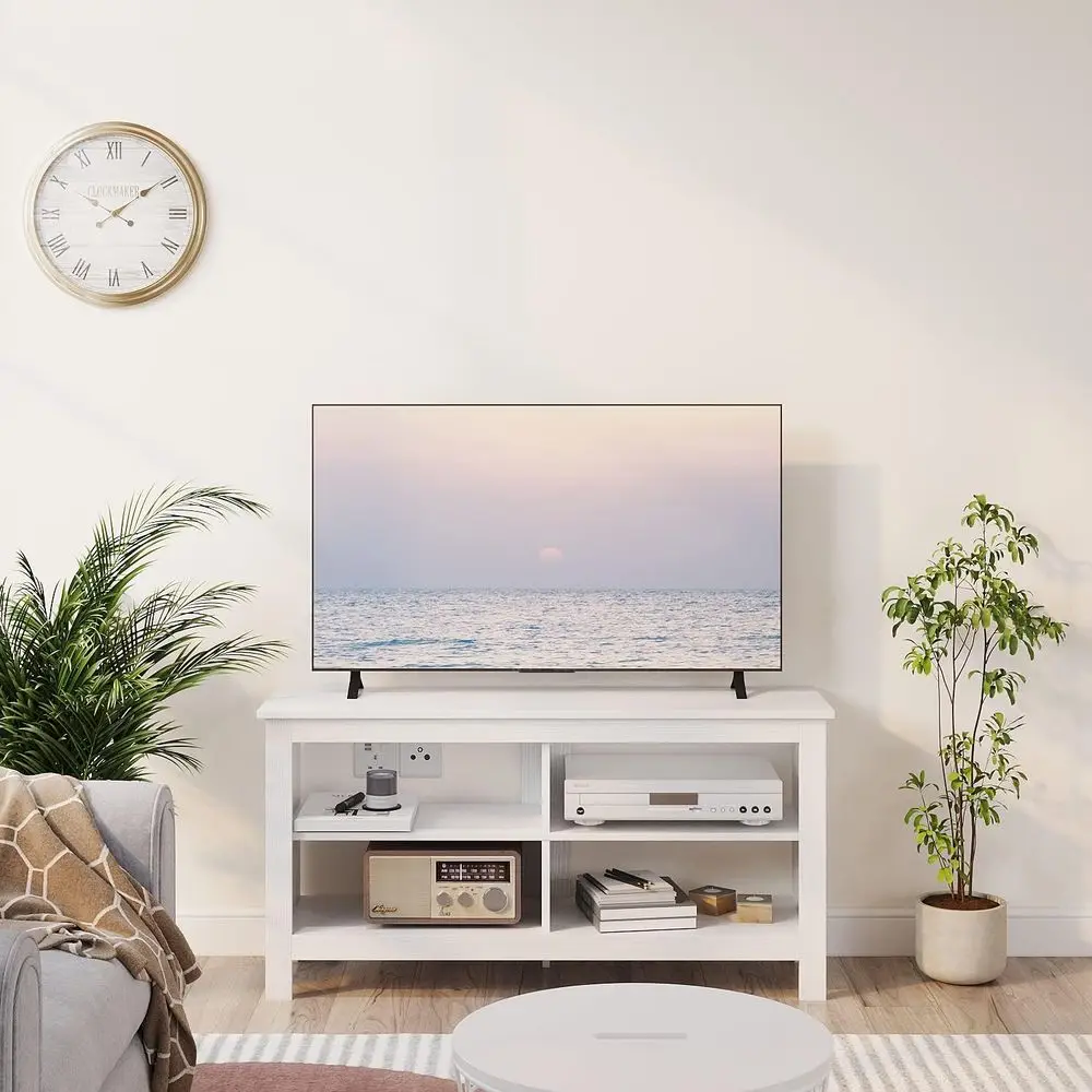 حامل تلفزيون مقاس 43 بوصة، مركز ترفيه حديث في منتصف القرن مع 4 أرفف مفتوحة لطاولة وحدة تحكم وسائط التلفزيون في المزرعة لغرفة المعيشة، #6