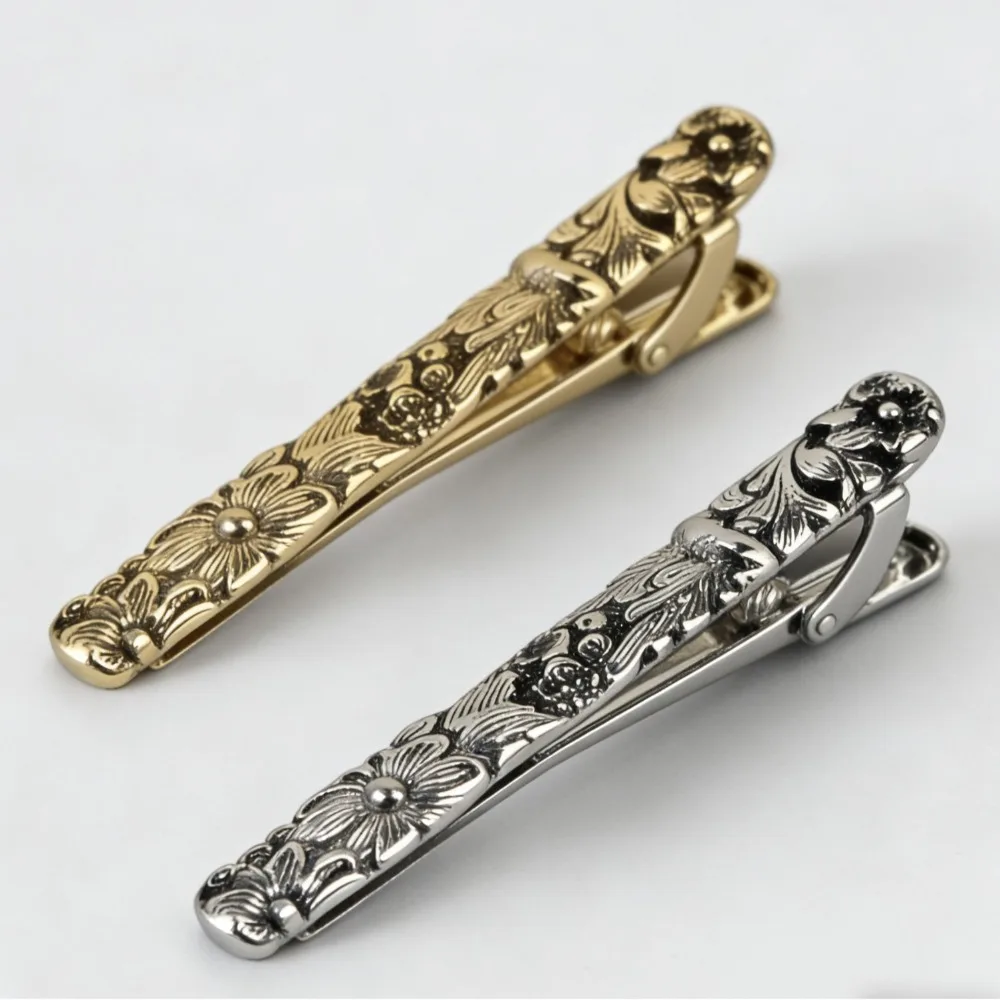 1PCS Vintage Antique Finish Embossed Floral Pattern Tie Clip for Men Retro Style Business Suit Necktie