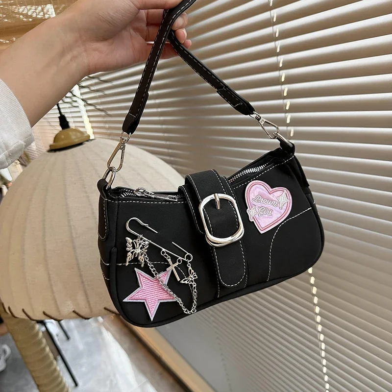 Bolso pequeño De hombro negro Y2k, bolso De moda para mujer, nuevos bolsos con cadenas y apliques para mujer, tendencia 2024, bolso De lujo para mujer