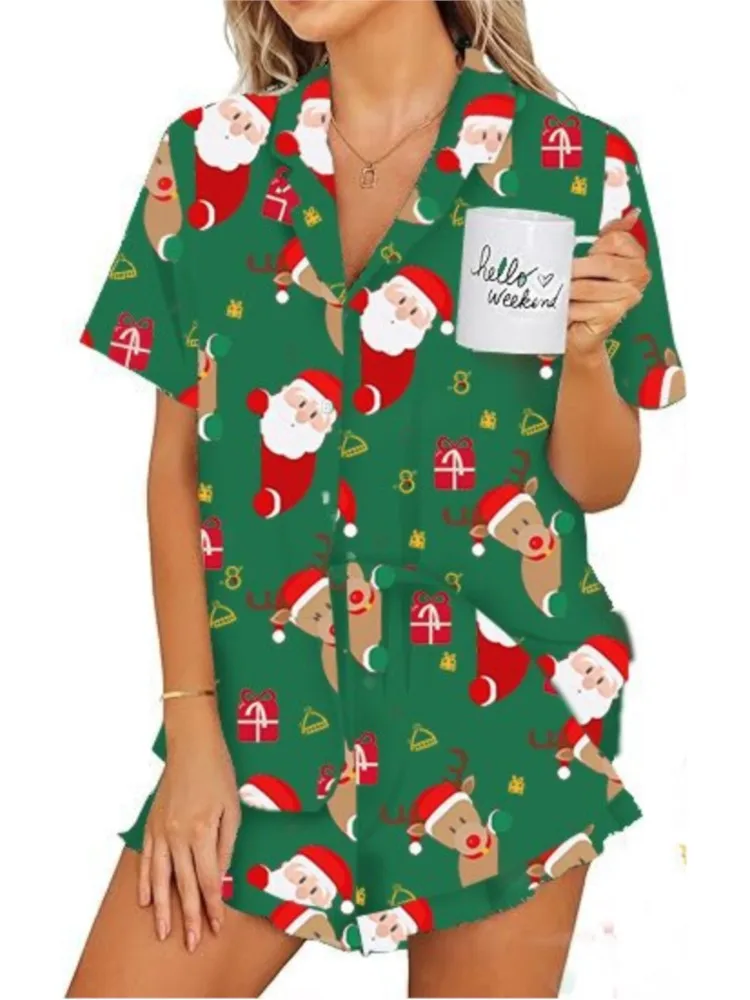 Novo conjunto de pijama casa wear feminino natal impresso duas peças de manga curta conjunto moda solta casual duas peças roupas mulher
