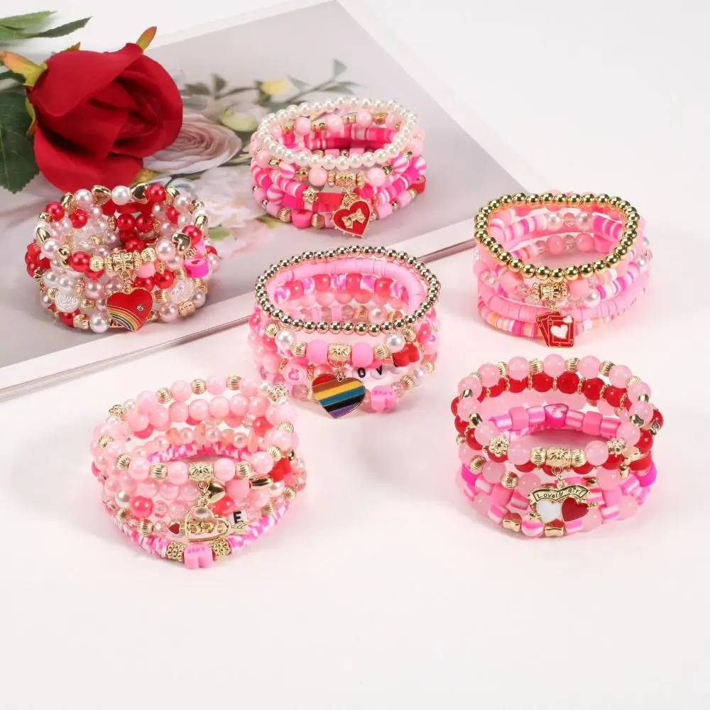 5pcs/set Multilayer Valentine's Day Beaded Bracelets Acrylic Beads DIY Bohemian Beaded Bracelet Elastic Stacked