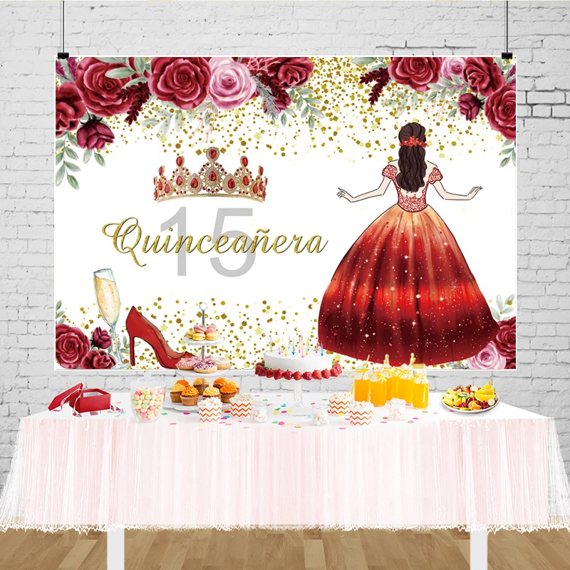 ฉากหลังวันเกิด15th สำหรับเด็กผู้ชายเด็กผู้หญิง15คนที่ตกแต่งงานปาร์ตี้มงกุฎแดงอายุสิบห้าปีอุปกรณ์ประกอบฉากแบนเนอร์