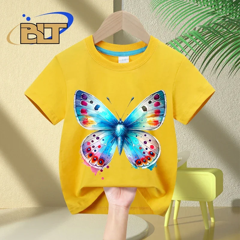 Watercolor Colorful Butterfly print kids T-shirt summer children's cotton short-sleeved casual tops for boys and girls