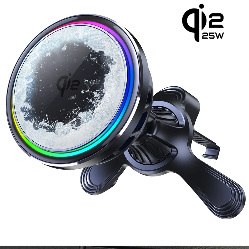 

Беспроводное магнитное автомобильное зарядное устройство QI2.2 с охлаждением, 25 Вт, RGB, быстрая зарядка, держатель-подставка для телефона, совместимое с MagSafe iPhone 17 16 15 14 Pro Max