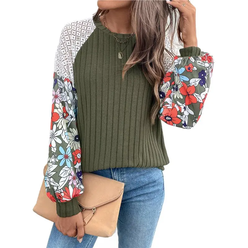 

CYL-Female Patchwork Long Sleeve Ribbed Blouses Crewneck Striped Crochet Lace Knit