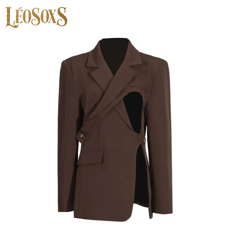 LEOSOXS Hollow Out Fashion Women's Personality Lace Up Suit Jackets Streetwear Long Sleeves Slim V Neck Formal Jackets Autumn