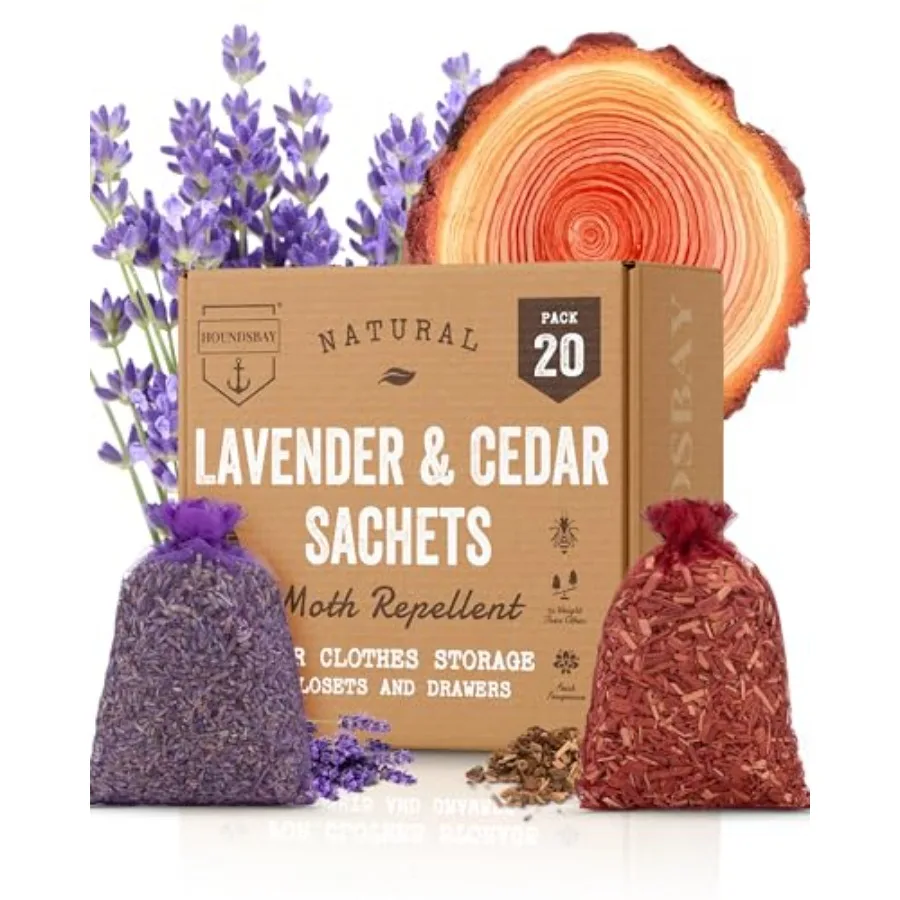 

All-Natural Cedar and Lavender Sachet 20 Pack with Hanger Hooks Included: 10 Lavender Sachets for Drawers and Closets 10 Cedar