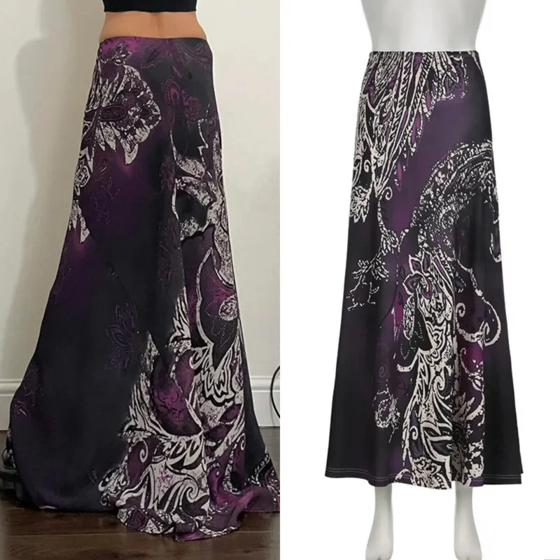 

Purple Printed Midi Skirt Women Autumn Gothic Retro Ethnic Style Printed Tie Dye Long Skirt Parties Halloween Thin A-line Skirt