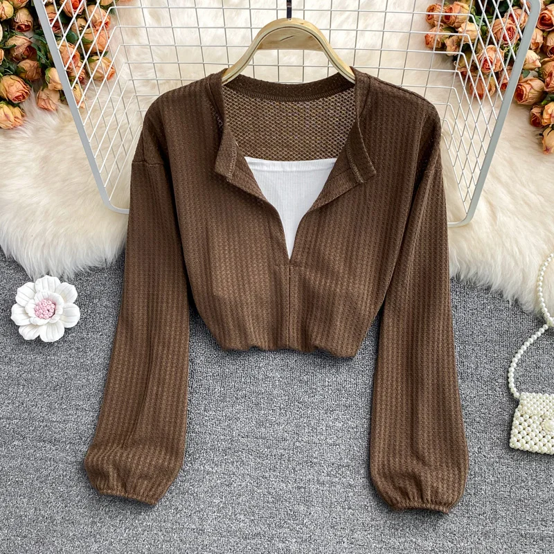 2023 Autumn New Korean Style Fake Two Pieces Shirts Women Solid Color V-neck Puff Sleeve Short Blouses Basics Tops