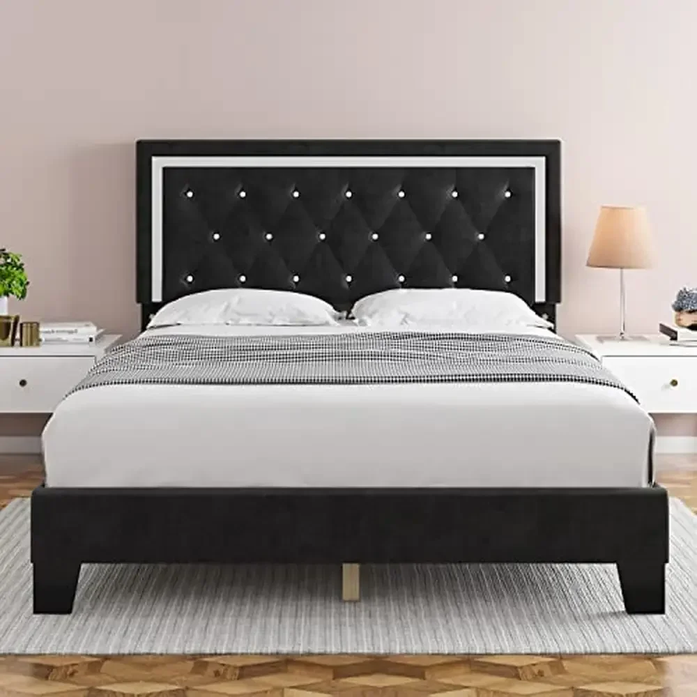 

Upholstered Queen Bed Frame Modern Style Adjustable Headboard Wooden Platform Sturdy Construction No Box Spring Needed Quiet