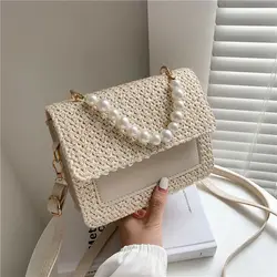 Sac à Main Tissé en Paille avec Perles, Sacoche à Bandoulière de Style Occidental Minimaliste, Nouvelle Mode d'Été 2023