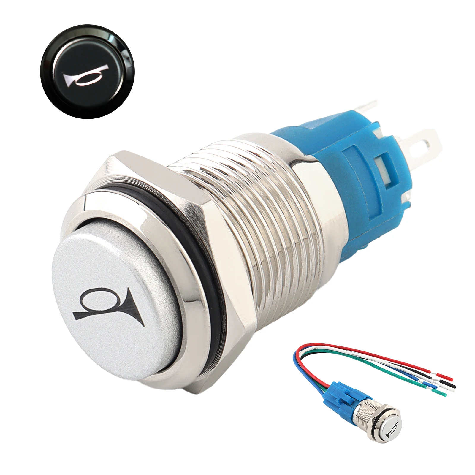 

16mm 12V Blue LED Lighted Momentary Push Button Switch for Auto with Tail Plug Harness, 5 Pin Speaker Horn Push Button Switch