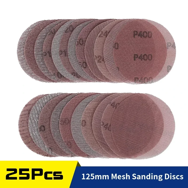 

25Pcs 125mm Mesh Sanding Discs Sandpaper 5Inch Dust Free Hook & Loop 80/100/150/240/400 Grit for Car Wood Grinding Polishing