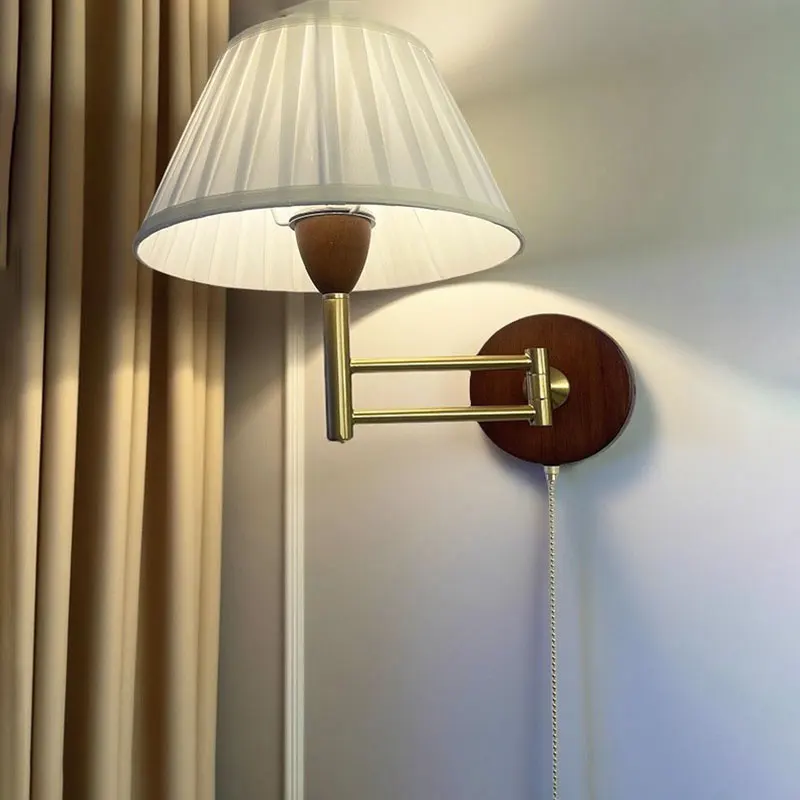

New American Wall Lamp Bedroom Bedside Lamp Left Right Swing Arm Design Living Room Study Solid Wood Rope Reading Lighting