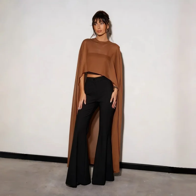 Womens High Low Solid Color Sheer See Thru Cover-ups Summer Holiday O Neck Cape Blouse Female Jacekt Long Party Tops 150CM image 2