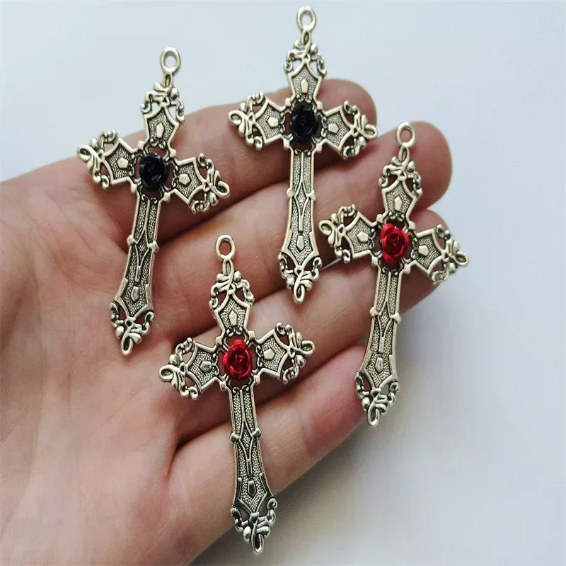 5pcs 55x35mm Gothic Large  Rose Flower Cross Charms Pendants Earring Antique Jewelry Making DIY Necklace Handmade Accessories