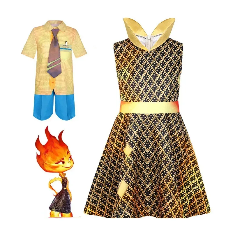 qa156Disney Crazy Elemental City Halloween Cos Animated Children Kids Birthday Party Cosplay Water and fire elements clo