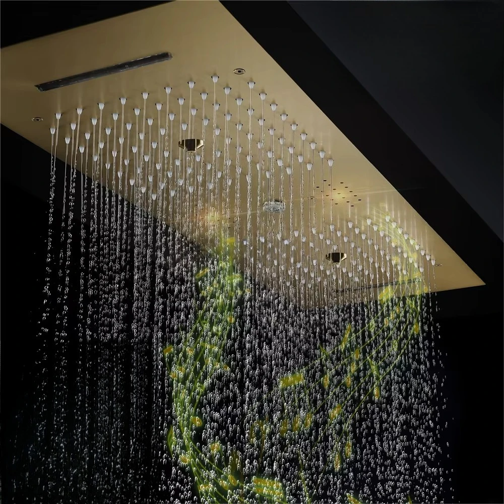 Ceiling Embedded 36*12inch Led Shower Head with Music Speaker Rain Waterfall Mist Bathroom Thermostatic Shower Faucet Set
