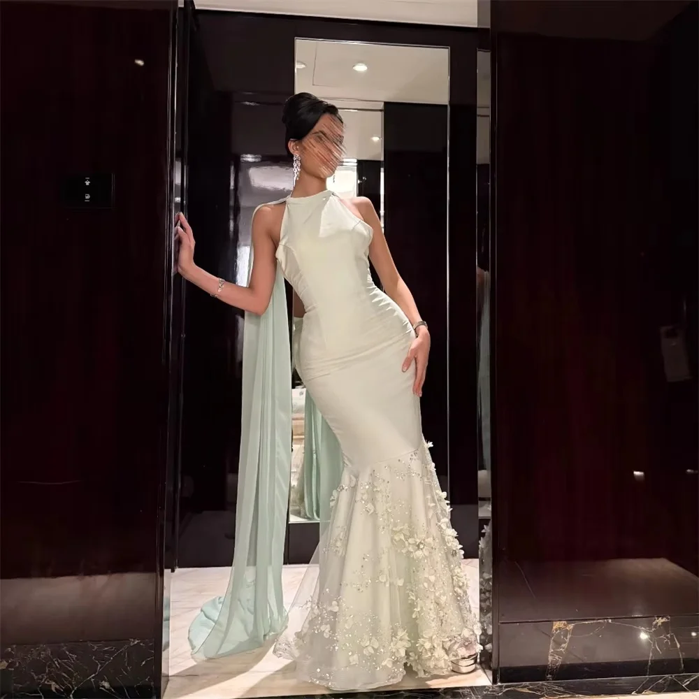 Backless Halter Floral Long Bespoke Occasion Gown Evening Dresses Pastrol Unisex Jersey Retro Dubai Saudi Arabic Prom Customized
