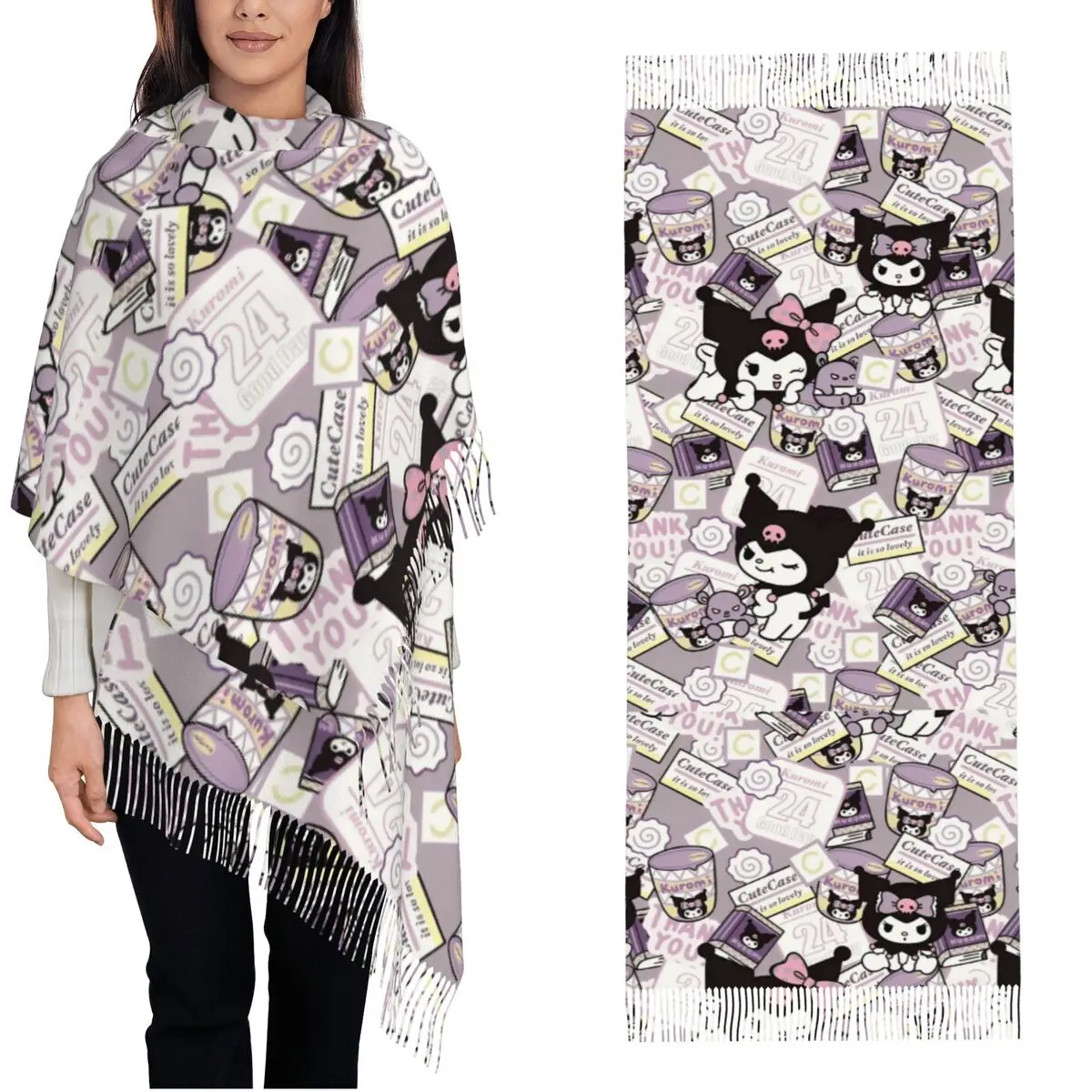 

Kuromi шаль Wrap женский зимний большой длинный шарф шейный платок шарфы с кисточками