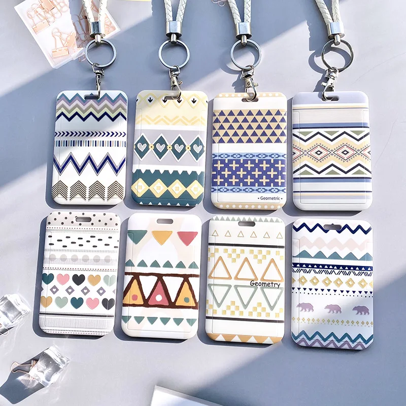 2023 Ins Student School Access Control Credit Id Card Holder Bags Geometric Patterns Women Men Work Bus Card Cover Case Keyring