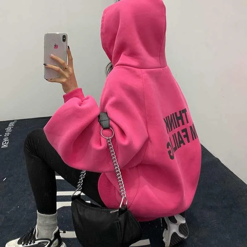 Letter Printing Hoodies Women High Street ThickeningThicker Outwear Stylish Loose All-match Hooded Sweatshirts Teens Vintage