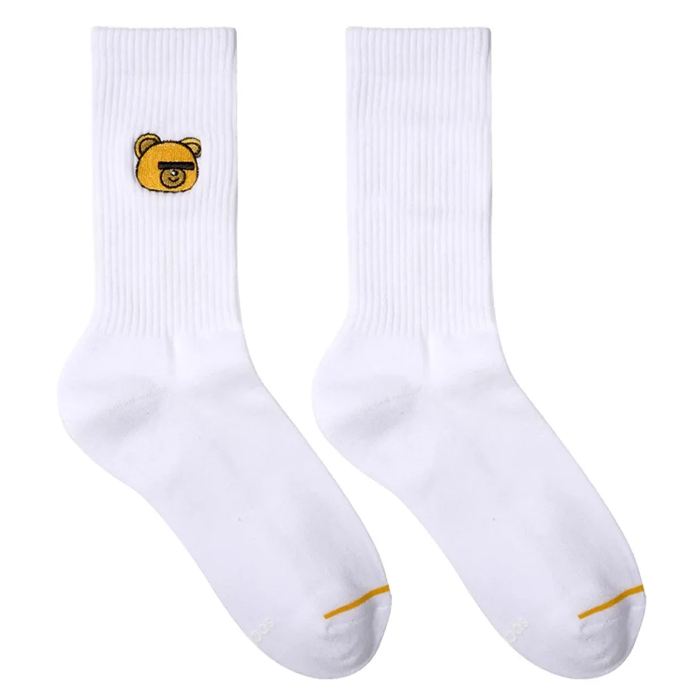 Black White Sports Fitness Embroidered Bear Cotton Socks Towel Sole Breathable Wicking Cotton Socks