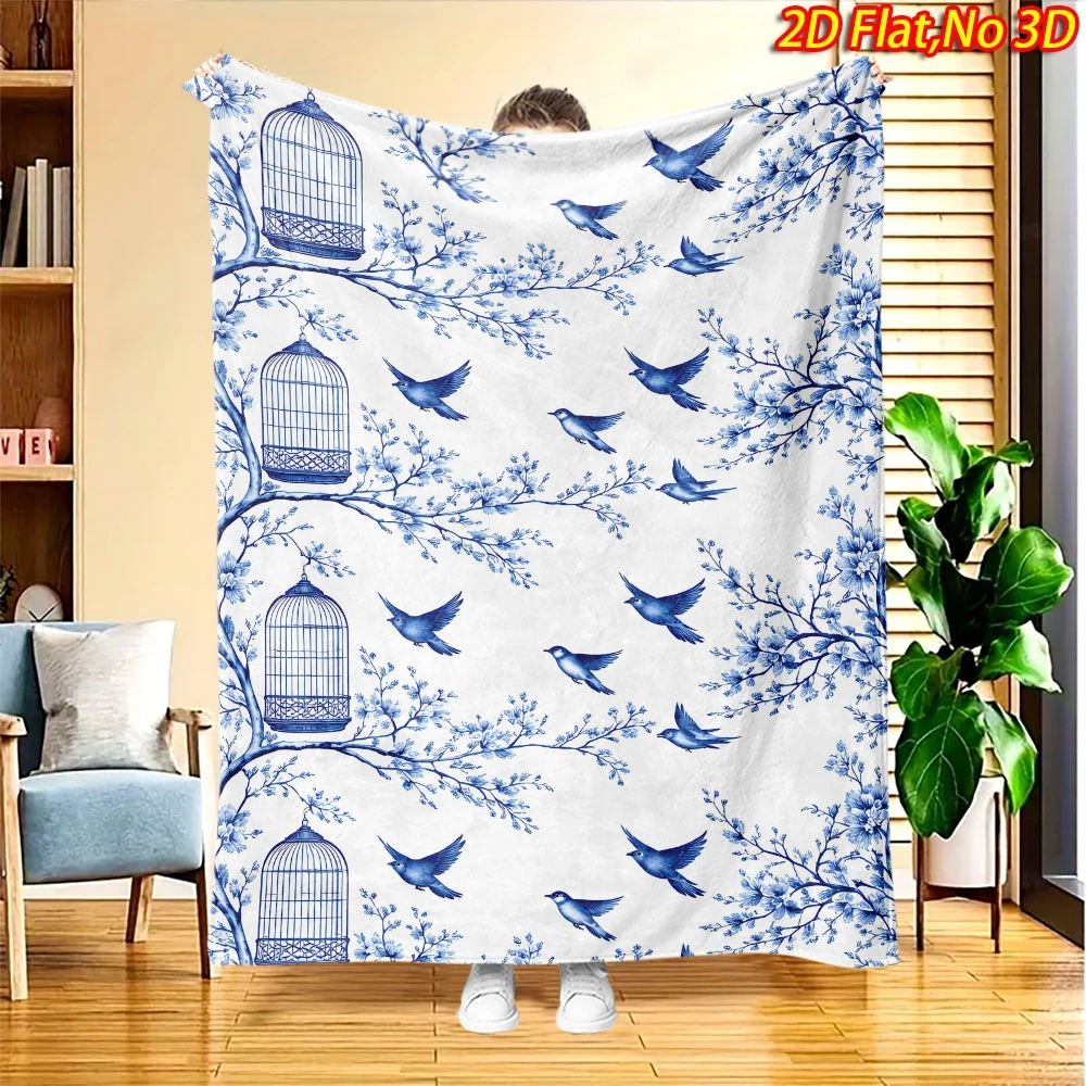 Throw Blanket Blue Bird And Cage Print Vintage Floral Design Soft Cozy Wrap For Living Room Bedroom And Elegant Home Decor