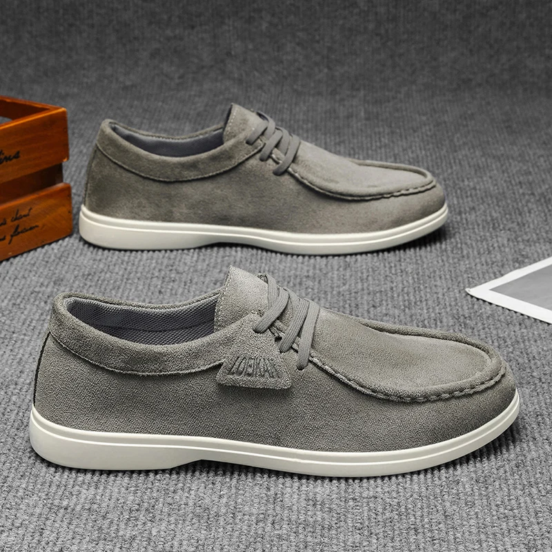 LOENIA Men's Suede Lace-Up Casual Shoes - Gray/Beige Comfort Loafers for Daily Wear
