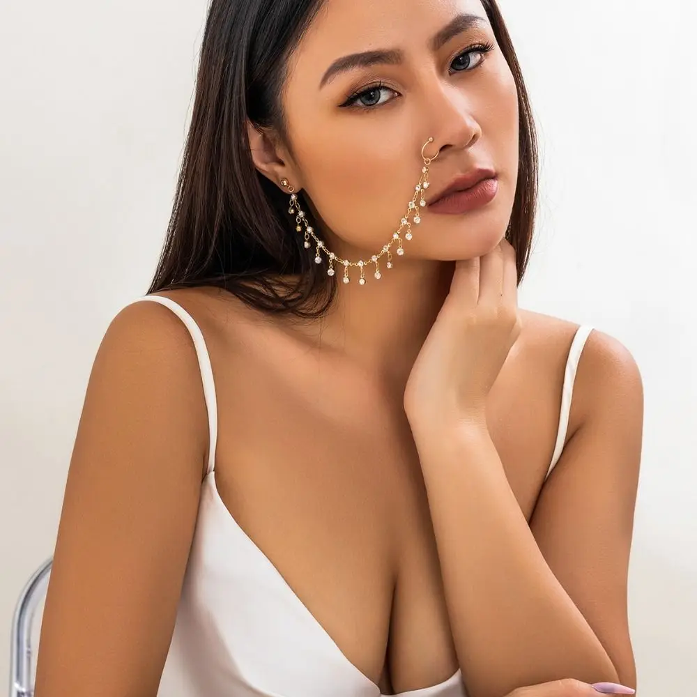 Belly Dance Accessories Earring with Nose Ring Fake Nostril Piercing Clip Silver Nose Clip Rings Body Jewelry Tassel