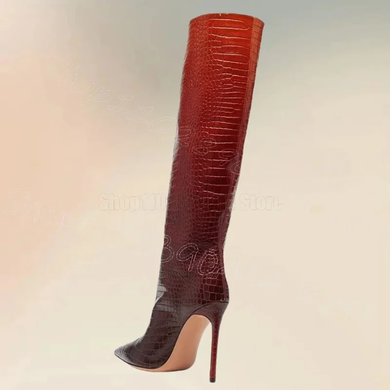 

Orange Gradient Color Alligator Print Pointy Toe Boots Slip On Women Shoes Thin High Heels Party Dating 2026 Zapatos Para Mujere