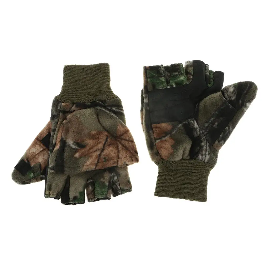 Convertible Fishing Gloves Flip Mitten Camo Warm Flannelette Anti Skid Palm Breathable for Winter Cycling and Ice Angling