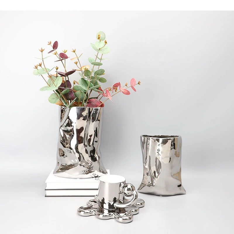 Silver Ceramic Vase Bag Shape Artificial Flowers Decorative Flower Arrangement Terrarium Home Decoration Vases Pots